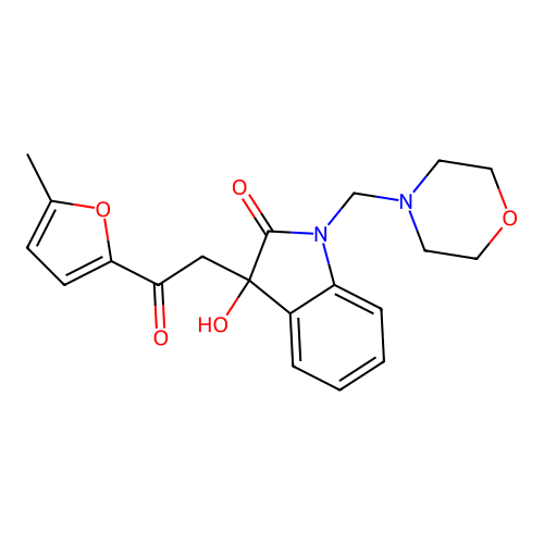 3-hydroxy-3-[2-(5-methylfuran-2-yl)-2-oxoethyl]-1-(morpholin-4-ylmethyl)-1,3-dihydro-2H-indol-2-one structure