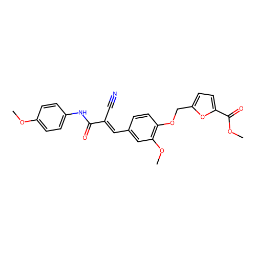 methyl 5-[(4-{2-cyano-2-[(4-methoxyphenyl)carbamoyl]eth-1-en-1-yl}-2-methoxyphenoxy)methyl]furan-2-carboxylate structure