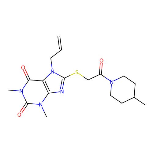 7-allyl-1,3-dimethyl-8-((2-(4-methylpiperidin-1-yl)-2-oxoethyl)thio)-1H-purine-2,6(3H,7H)-dione structure