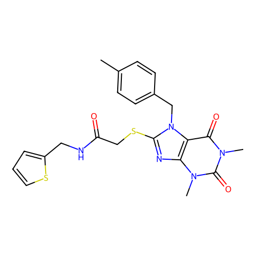 2-((1,3-dimethyl-7-(4-methylbenzyl)-2,6-dioxo-2,3,6,7-tetrahydro-1H-purin-8-yl)thio)-N-(thiophen-2-ylmethyl)acetamide structure
