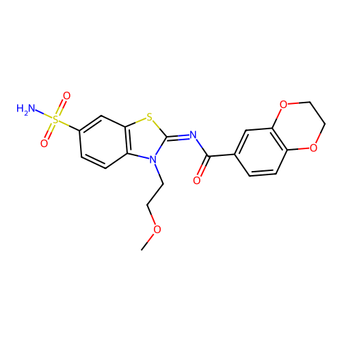 N-[(2Z)-3-(2-methoxyethyl)-6-sulfamoyl-2,3-dihydro-1,3-benzothiazol-2-ylidene]-2,3-dihydro-1,4-benzodioxine-6-carboxamide structure