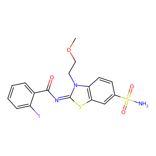 2-iodo-N-[3-(2-methoxyethyl)-6-sulfamoyl-1,3-benzothiazol-2-ylidene]benzamide structure