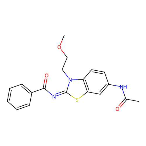 N-[6-acetamido-3-(2-methoxyethyl)-1,3-benzothiazol-2-ylidene]benzamide structure