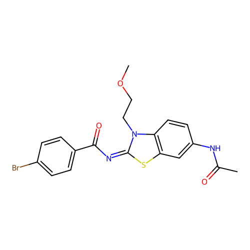 N-[6-acetamido-3-(2-methoxyethyl)-1,3-benzothiazol-2-ylidene]-4-bromobenzamide structure