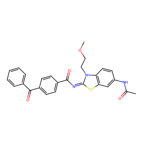 N-[6-acetamido-3-(2-methoxyethyl)-1,3-benzothiazol-2-ylidene]-4-benzoylbenzamide structure