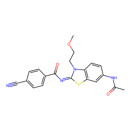 N-[6-acetamido-3-(2-methoxyethyl)-1,3-benzothiazol-2-ylidene]-4-cyanobenzamide structure