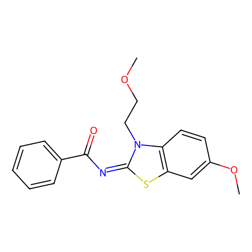 N-[6-methoxy-3-(2-methoxyethyl)-1,3-benzothiazol-2-ylidene]benzamide structure