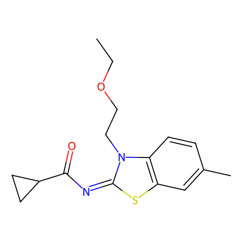 N-[3-(2-ethoxyethyl)-6-methyl-1,3-benzothiazol-2-ylidene]cyclopropanecarboxamide structure