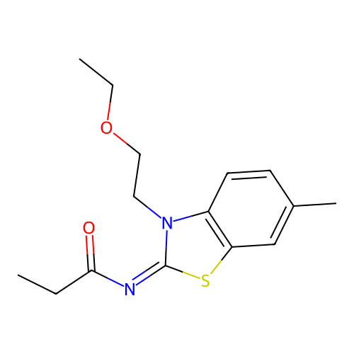 N-[3-(2-ethoxyethyl)-6-methyl-1,3-benzothiazol-2-ylidene]propanamide structure