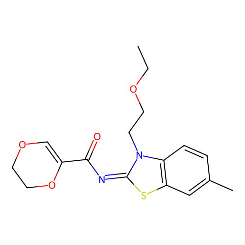 (Z)-N-(3-(2-ethoxyethyl)-6-methylbenzo[d]thiazol-2(3H)-ylidene)-5,6-dihydro-1,4-dioxine-2-carboxamide structure