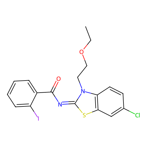 N-[6-chloro-3-(2-ethoxyethyl)-1,3-benzothiazol-2-ylidene]-2-iodobenzamide structure