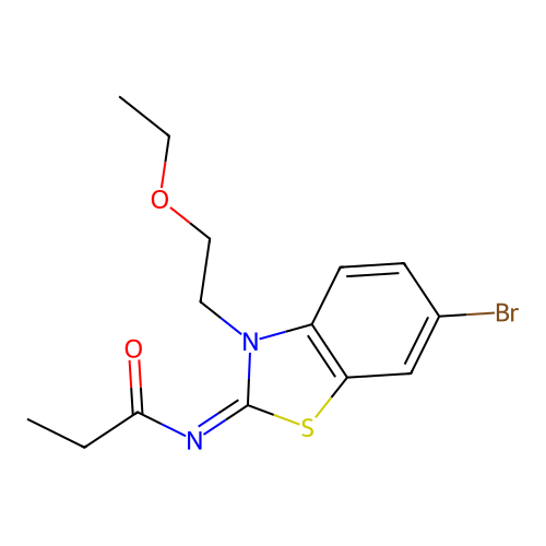 N-[6-bromo-3-(2-ethoxyethyl)-1,3-benzothiazol-2-ylidene]propanamide structure