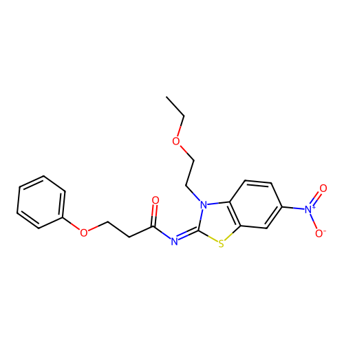 N-[3-(2-ethoxyethyl)-6-nitro-1,3-benzothiazol-2-ylidene]-3-phenoxypropanamide structure