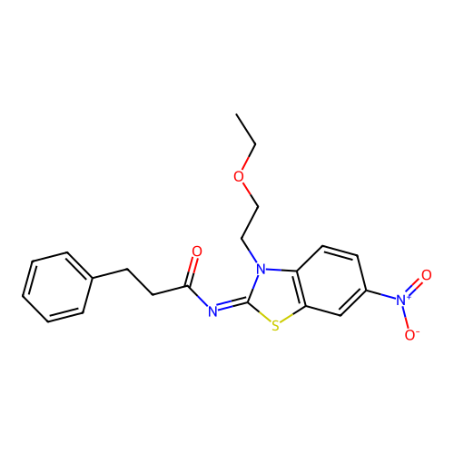 N-[3-(2-ethoxyethyl)-6-nitro-1,3-benzothiazol-2-ylidene]-3-phenylpropanamide structure