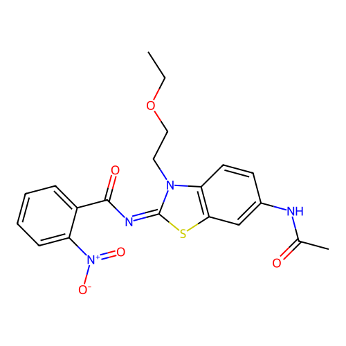 N-[6-acetamido-3-(2-ethoxyethyl)-1,3-benzothiazol-2-ylidene]-2-nitrobenzamide structure