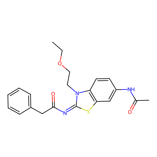 N-[6-acetamido-3-(2-ethoxyethyl)-1,3-benzothiazol-2-ylidene]-2-phenylacetamide structure