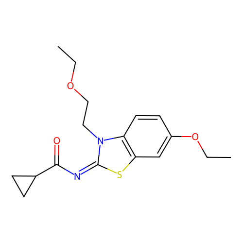 N-[6-ethoxy-3-(2-ethoxyethyl)-1,3-benzothiazol-2-ylidene]cyclopropanecarboxamide structure