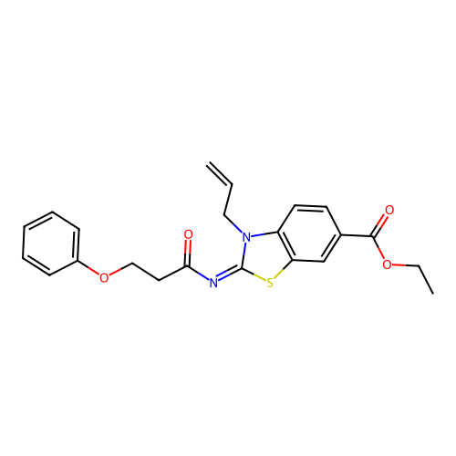 Ethyl 2-(3-phenoxypropanoylimino)-3-prop-2-enyl-1,3-benzothiazole-6-carboxylate structure