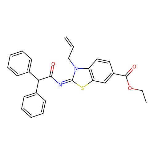 Ethyl 2-(2,2-diphenylacetyl)imino-3-prop-2-enyl-1,3-benzothiazole-6-carboxylate structure