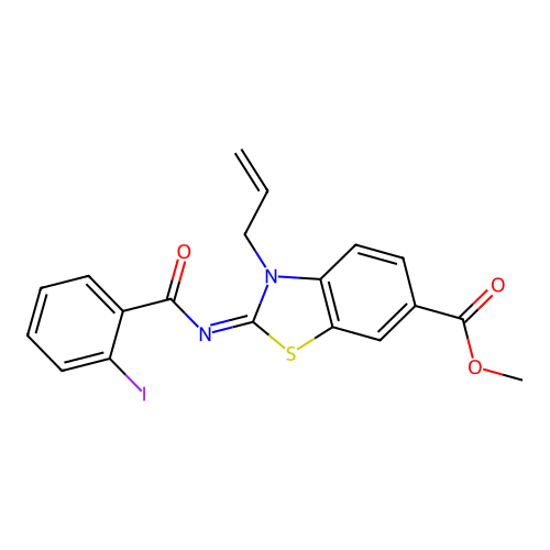 Methyl 2-(2-iodobenzoyl)imino-3-prop-2-enyl-1,3-benzothiazole-6-carboxylate structure