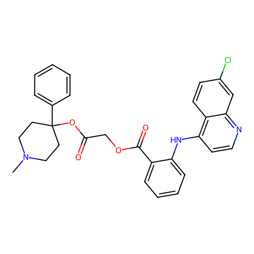 N-Methyl-4-phenyl-4-piperidyl N-(7-chloro-4-quinolyl)anthraniloyloxyacetate structure