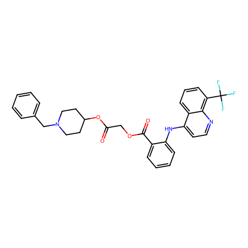 Benzoic acid, 2-((8-(trifluoromethyl)-4-quinolinyl)amino)-, 2-oxo-2-((1-(phenylmethyl)-4-piperidinyl)oxy)ethyl ester structure