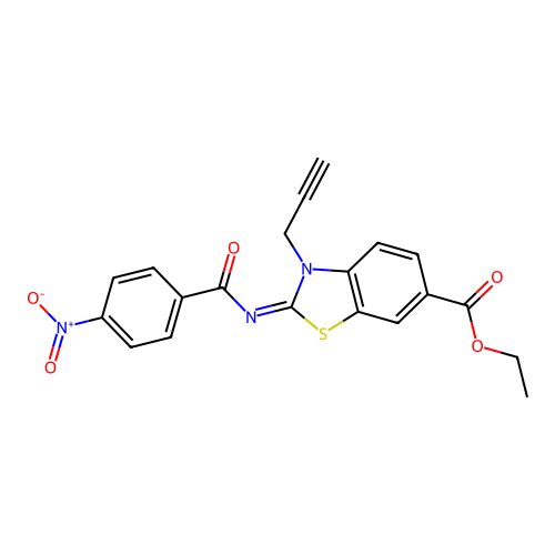 Ethyl 2-(4-nitrobenzoyl)imino-3-prop-2-ynyl-1,3-benzothiazole-6-carboxylate structure