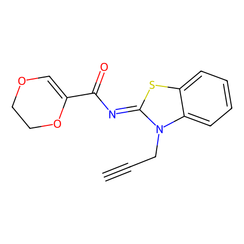 N-(3-prop-2-ynyl-1,3-benzothiazol-2-ylidene)-2,3-dihydro-1,4-dioxine-5-carboxamide structure