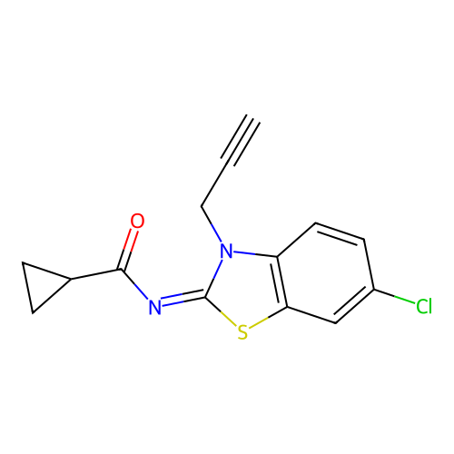 N-(6-chloro-3-prop-2-ynyl-1,3-benzothiazol-2-ylidene)cyclopropanecarboxamide structure