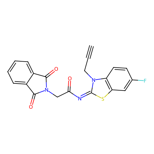 2-(1,3-dioxoisoindol-2-yl)-N-(6-fluoro-3-prop-2-ynyl-1,3-benzothiazol-2-ylidene)acetamide structure