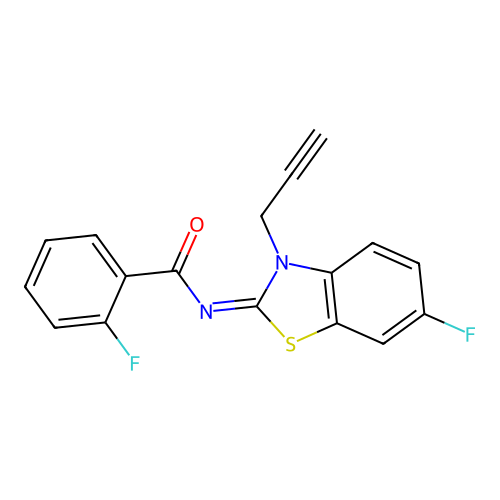 2-fluoro-N-(6-fluoro-3-prop-2-ynyl-1,3-benzothiazol-2-ylidene)benzamide structure