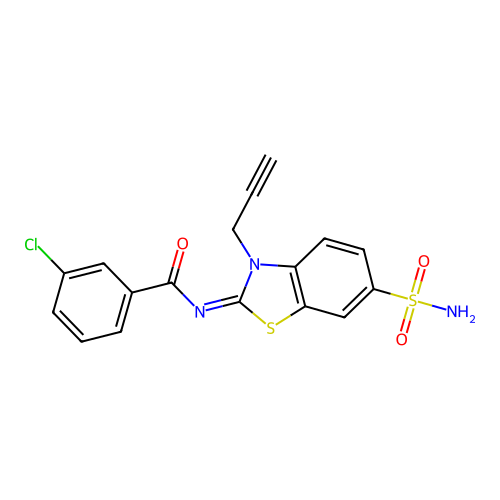 3-chloro-N-(3-prop-2-ynyl-6-sulfamoyl-1,3-benzothiazol-2-ylidene)benzamide structure