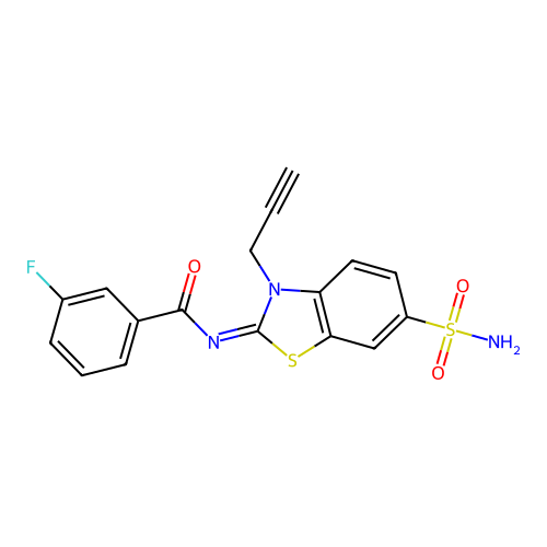 3-fluoro-N-(3-prop-2-ynyl-6-sulfamoyl-1,3-benzothiazol-2-ylidene)benzamide structure