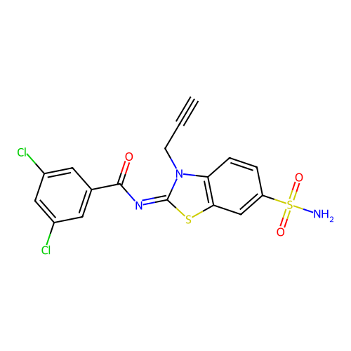 3,5-dichloro-N-(3-prop-2-ynyl-6-sulfamoyl-1,3-benzothiazol-2-ylidene)benzamide structure