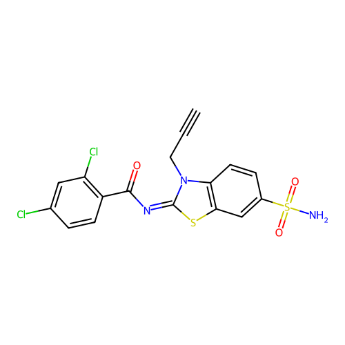 2,4-dichloro-N-(3-prop-2-ynyl-6-sulfamoyl-1,3-benzothiazol-2-ylidene)benzamide structure