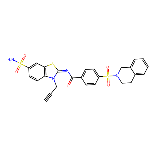 N-[(2Z)-3-(prop-2-yn-1-yl)-6-sulfamoyl-2,3-dihydro-1,3-benzothiazol-2-ylidene]-4-(1,2,3,4-tetrahydroisoquinoline-2-sulfonyl)benzamide structure