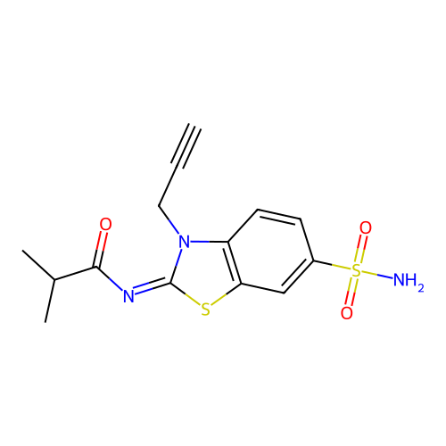2-methyl-N-(3-prop-2-ynyl-6-sulfamoyl-1,3-benzothiazol-2-ylidene)propanamide structure