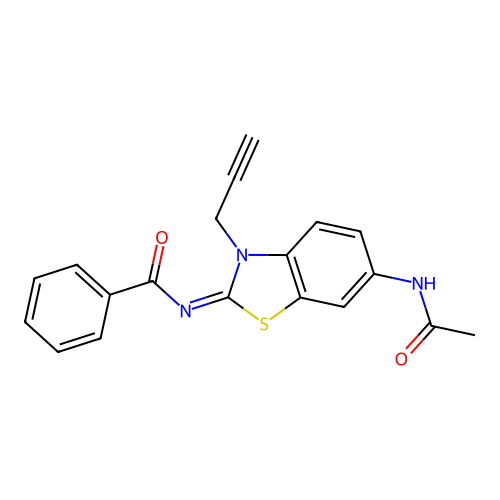N-(6-acetamido-3-prop-2-ynyl-1,3-benzothiazol-2-ylidene)benzamide structure