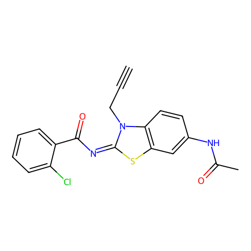 N-(6-acetamido-3-prop-2-ynyl-1,3-benzothiazol-2-ylidene)-2-chlorobenzamide structure