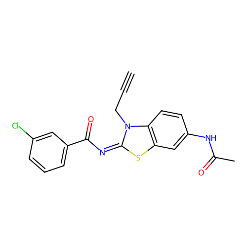 N-(6-acetamido-3-prop-2-ynyl-1,3-benzothiazol-2-ylidene)-3-chlorobenzamide structure