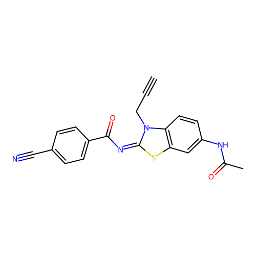 N-(6-acetamido-3-prop-2-ynyl-1,3-benzothiazol-2-ylidene)-4-cyanobenzamide structure