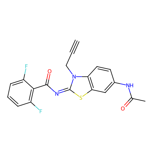 N-(6-acetamido-3-prop-2-ynyl-1,3-benzothiazol-2-ylidene)-2,6-difluorobenzamide structure