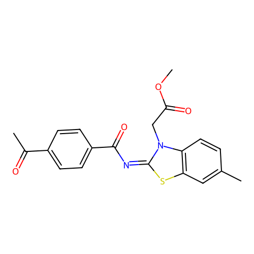 Methyl 2-[2-(4-acetylbenzoyl)imino-6-methyl-1,3-benzothiazol-3-yl]acetate structure