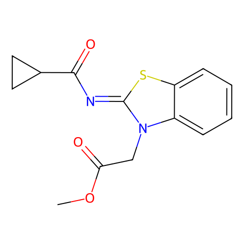 Methyl 2-[2-(cyclopropanecarbonylimino)-1,3-benzothiazol-3-yl]acetate structure