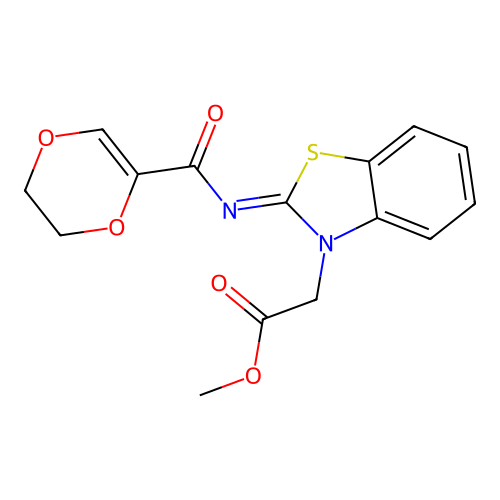 (Z)-methyl 2-(2-((5,6-dihydro-1,4-dioxine-2-carbonyl)imino)benzo[d]thiazol-3(2H)-yl)acetate structure