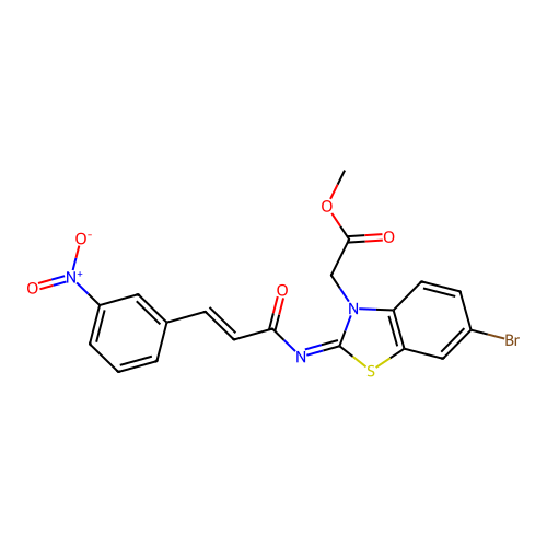 methyl 2-((Z)-6-bromo-2-(((E)-3-(3-nitrophenyl)acryloyl)imino)benzo[d]thiazol-3(2H)-yl)acetate structure