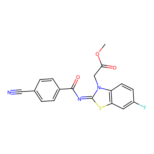 (Z)-methyl 2-(2-((4-cyanobenzoyl)imino)-6-fluorobenzo[d]thiazol-3(2H)-yl)acetate structure