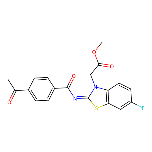 Methyl 2-[2-(4-acetylbenzoyl)imino-6-fluoro-1,3-benzothiazol-3-yl]acetate structure