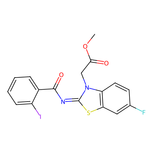 (Z)-methyl 2-(6-fluoro-2-((2-iodobenzoyl)imino)benzo[d]thiazol-3(2H)-yl)acetate structure