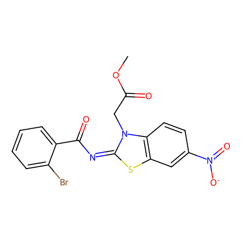 Methyl 2-[2-(2-bromobenzoyl)imino-6-nitro-1,3-benzothiazol-3-yl]acetate structure